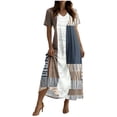 thumbnail image 2 of Woman Dresses Ndbuld Women's Loose Short Sleeved Round Neck Fashion Bohemian Flared Split Floor-Length Maxi Dress Khaki S, 2 of 6