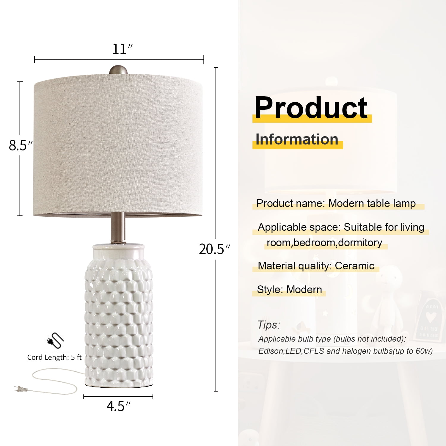 Oneach Modern White Table Lamp Set of 2 for Bedroom Living Room 20.5" Ceramic Bedside Nightstand Lamps with Linen Drum Shade