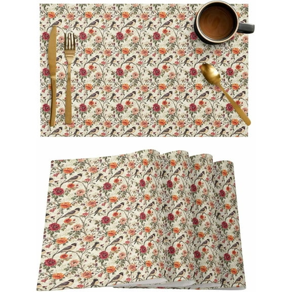 Placemats Set of 6, Cotton Linen Heat Table Mats Non-Slip Washable Retro Flowers Roses Leaves Birds Placemat for Holiday Banquet Dining Kitchen Table Decor