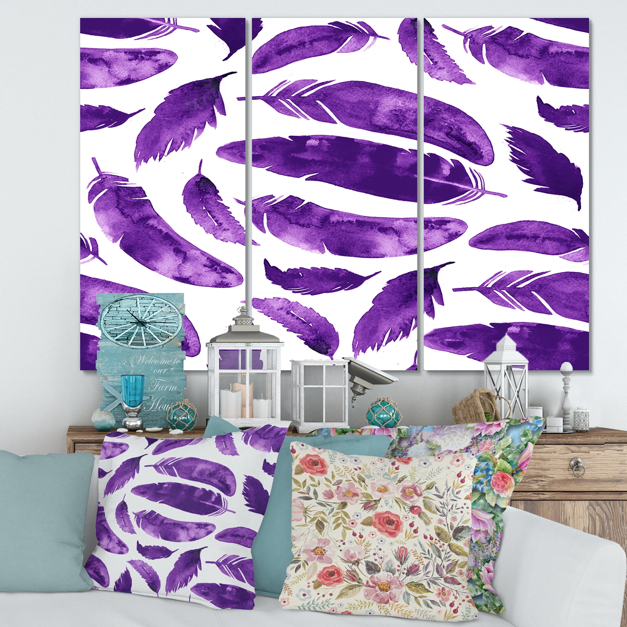 Designart ' Ethnic VIolet Feathers On White ' Bohemian & Eclectic Canvas Wall Art Print