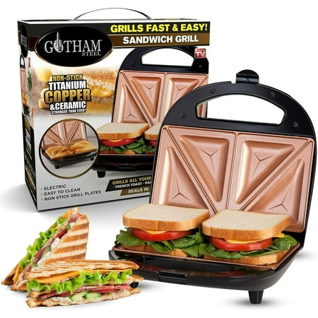 gotham steel nonstick panini press sandwich maker, 2in1 breakfast sandwich maker grill / sandwich press grill with indicator light, grilled cheese maker makes 2 sandwiches with easy cut edges