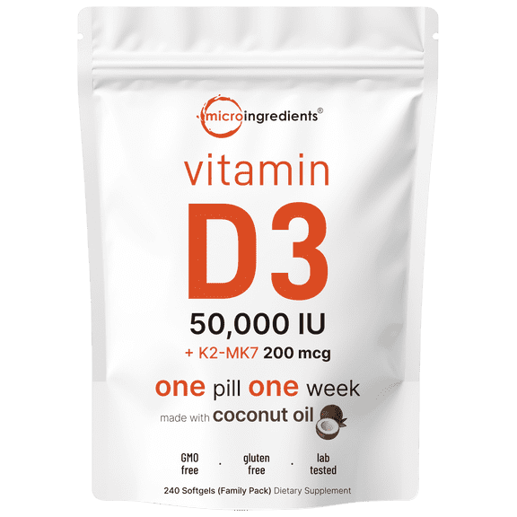 Micro Ingredients Vitamin D3 50,000 IU Plus K2 (MK-7) 200 mcg, 240 Coconut Oil Softgels