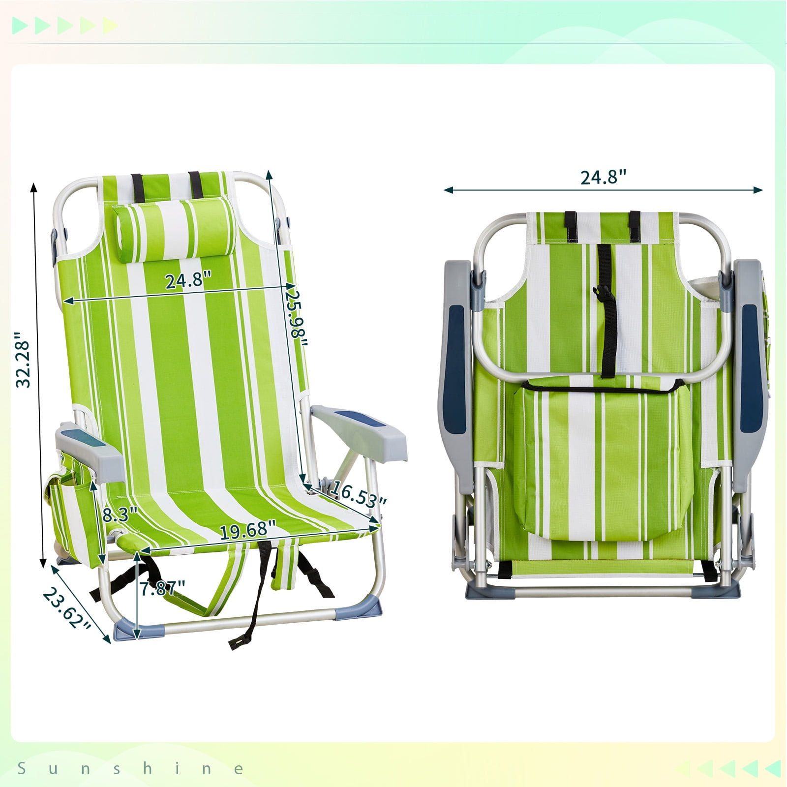 Aluminum Tube Bearing 100kg Beach Chair Green Stripes, 63*65*82cm