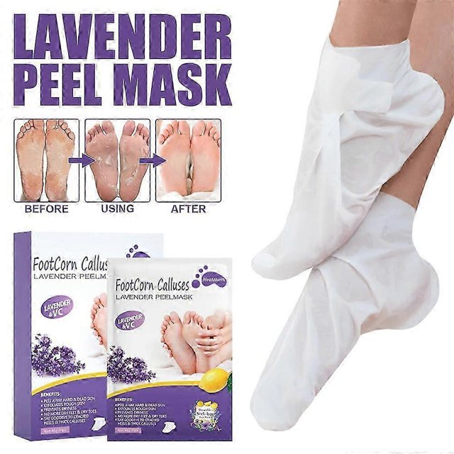 exfoliating foot peel mask baby soft feet remove dead skin calluses Lavender foot film showing white bootie-style foot masks applied to feet in a front-facing view, inset before/using/after sole photos illustrating exfoliation results, product packet art with lavender sprigs and text and two-pair set included; suitable for exfoliating and moisturizing repair as labeled and often used for softening rough heels during travel care.