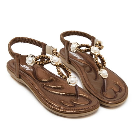 

DAFENGEA Women s Pearl Boho Flat T-Strap Sandals for Women Flip Flops Casual Summer Beach Beaded Elastic Ankle Strap Comfort Thong Sandals Dress Shoes