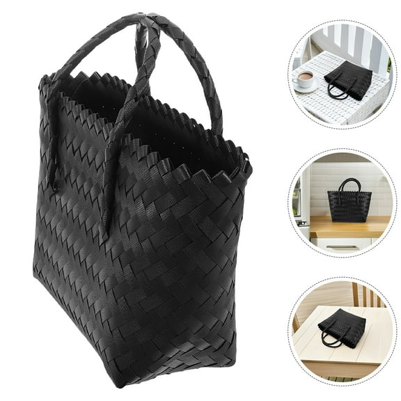 Hemobllo 2Pack Woven Summer Tote Bag Black Plastic Handwoven Protective Women Daily Use
