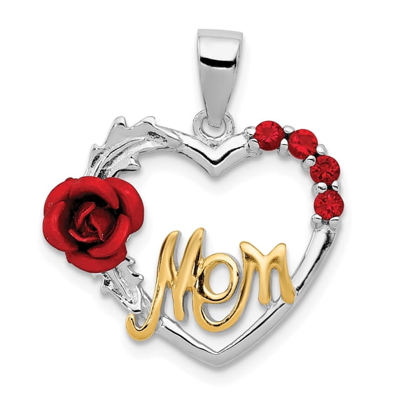 Sterling Silver Vermeil Red Flower & CZ Mom Pendant