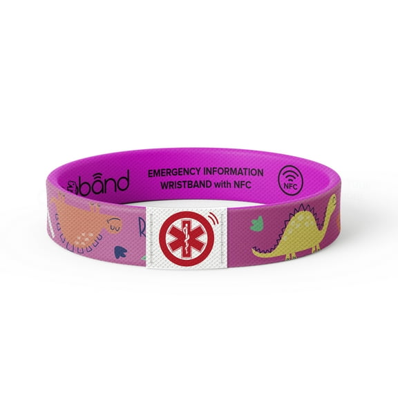 DinoBand Emergency Info Wristband with Dinosaur Facts for Children Kids Medical and Contact Information Bracelet (Pink)