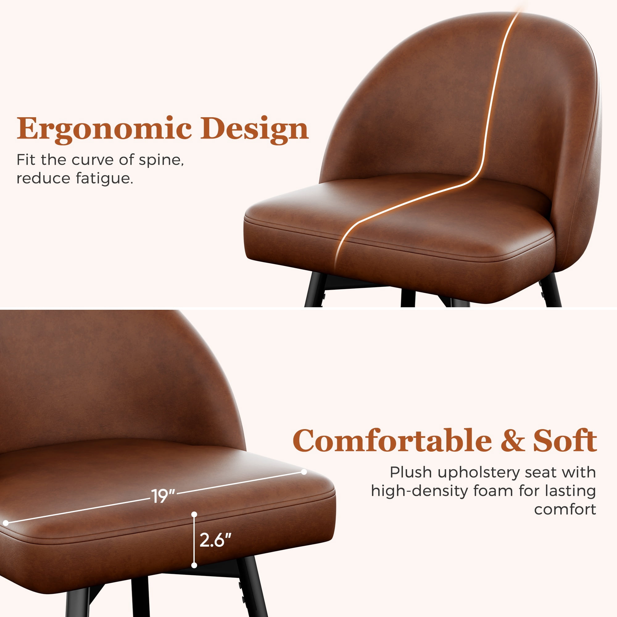 CDCASA Swivel Counter Height Bar Stools Set of 3, 27" Seat Height Modern Barstools with Back and Metal Legs, Upholstered Kitchen Island Chairs, Faux Leather in Brown