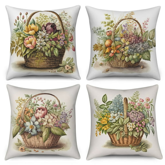 PBOBRIICH Set of 4 Floral Throw Pillow Cases,Spring Summer Linen Pillow Cover for Living Room Bedroom Home Decor,18x18