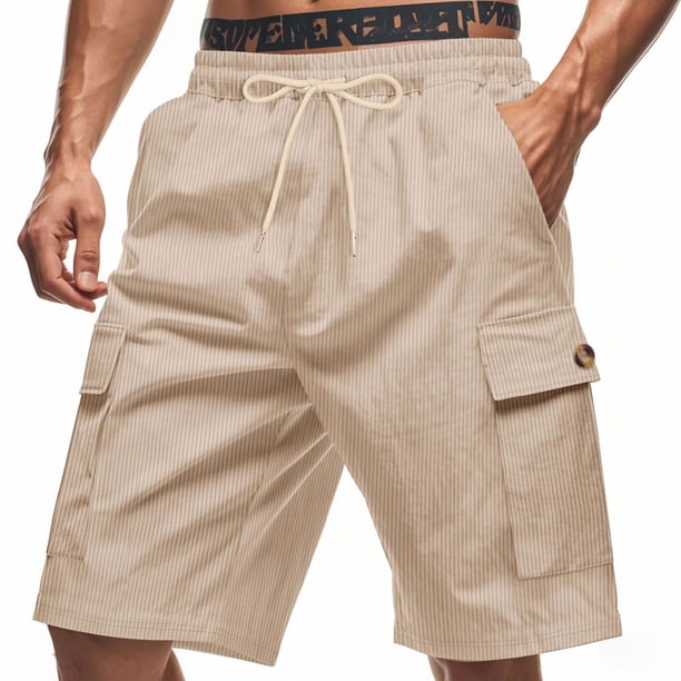 pstuiky Pantalones cortos deportivos, Pantalones cortos versátiles de color sólido con múltiples bolsillos y cintura elástica con cordón para hombre Pantalones cortos de golf