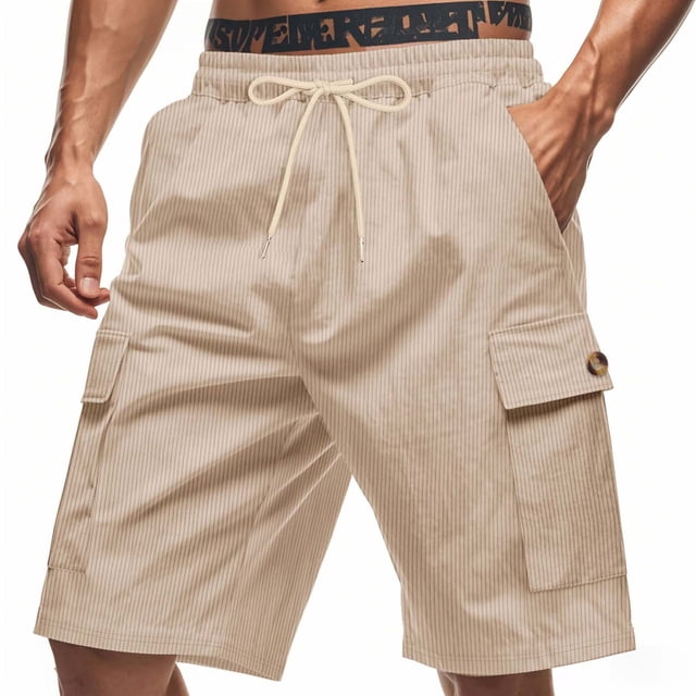 Mens Shorts Elastic Waist with Pockets Versatile Solid Color Multiple Pockets Drawstring, Casual Summer Shorts