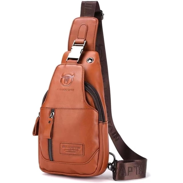 BULLCAPTAIN Bolso Cruzado de Cuero Genuino para Hombre, Mochila Retro de Pecho y Hombro con Puerto de Carga USB y Agujero para Auriculares (Marrón Amarillento)