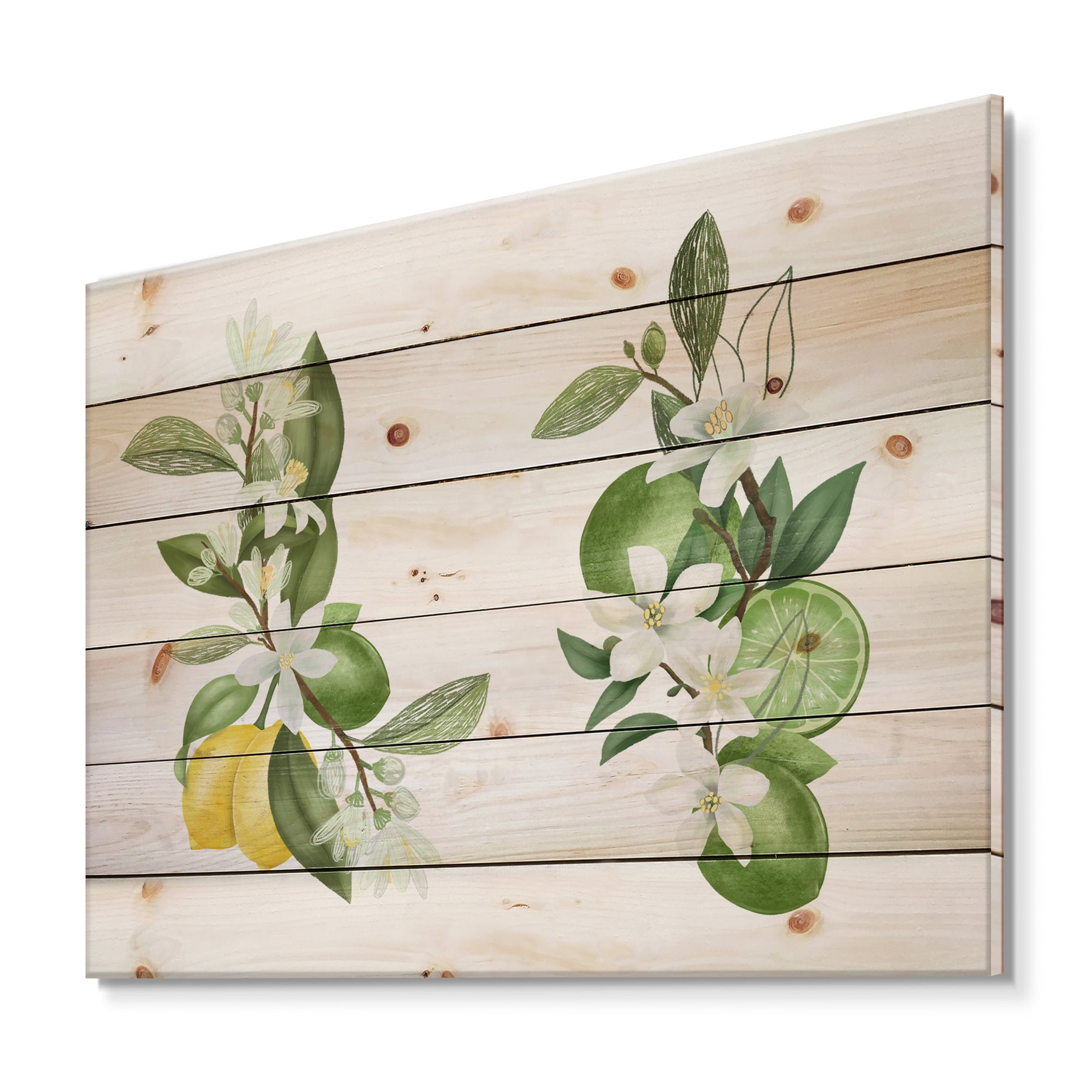 Designart 'Bouquets Of Blooming Lemon Tree Branches on White' Traditional Print on Natural Pine Wood