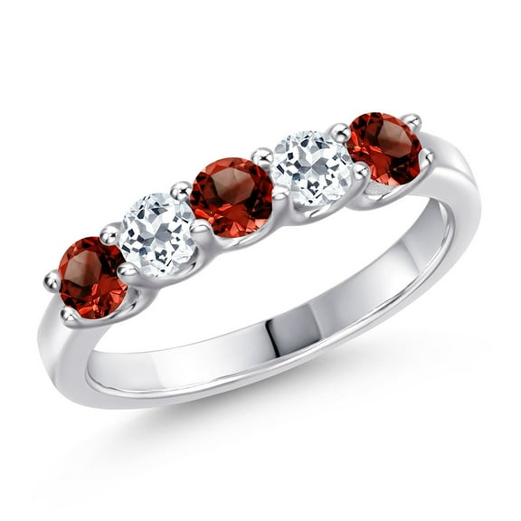 Gem Stone King 925 Sterling Silver Red Garnet and White Topaz Wedding-Bands Ring for Women | 1.03 Cttw | Round 3.5MM | Gemstone January Birthstone | Size 9