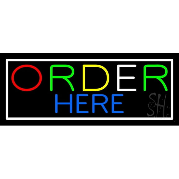 Multicolored Order Here With White Border LED Neon Sign 13 x 32 - inches, Clear Edge Cut Acrylic Backing, with Dimmer - Bright and Premium built indoor LED Neon Sign for Bar decor.