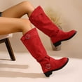 thumbnail image 5 of Lovzfmll Knee High Boots Women, Stacked Wide Calf Snow Boots Suede Belt Buckle, Faux Fur Lined Block Low Heel Round Toe Winter Motorcycle Warm Red Boots, 5 of 5