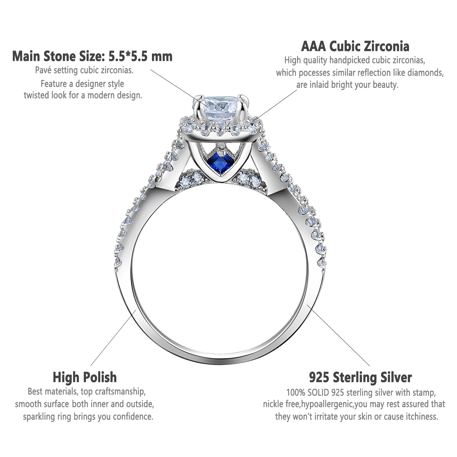 Newshe Engagement Wedding Ring Setss for Women 925 Sterling Silver 3pcs Round White AAAAA Cz Size 8