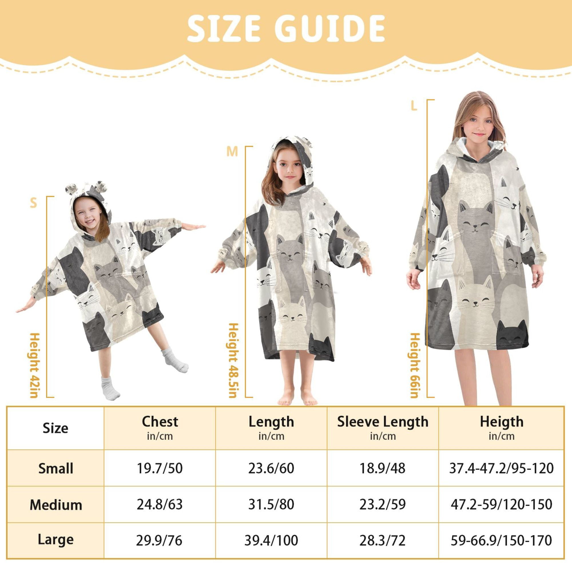 FORMRS Wearable Blanket Hoodie with Sleeves for Kids Cozy Flannel Sweatshirt, Beige Cute Cats