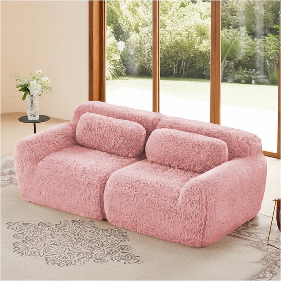JERFIT 2-Seater Modular Sofa with Pillows, Plush Pink Fabric, No Assembly Required, Anti-Slip Base for Living Room