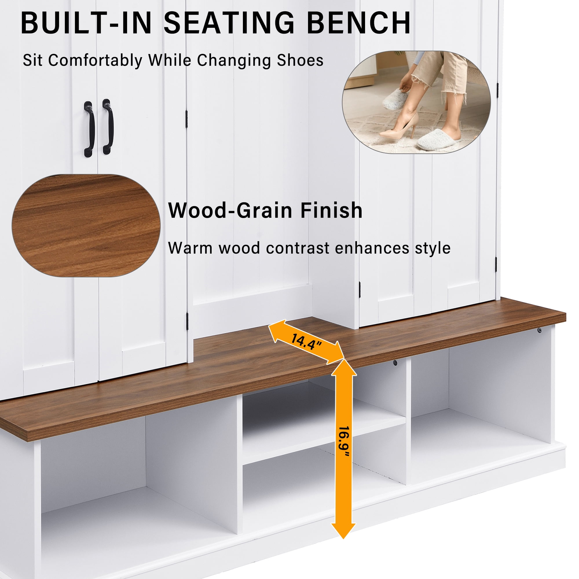 Mintazer 62.2"W Entryway Hall Tree with Coat Rack, Storage Bench & 3 Top Cubbies, Freestanding Shoe Cabinets for Hallway, Mudroom, Bedroom, White
