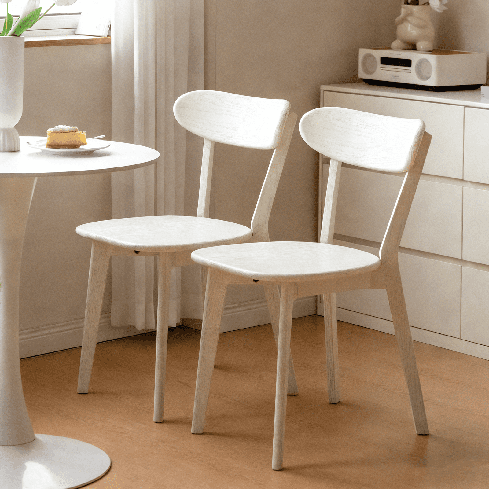 White Solid Wood Dining Chair,FAS Grade Oak Dining Chair Single,Sturdy Curved Backrest & Outer Sword-Leg Design in Cream White Finish for Dining Room,Cafe, and Modern Home Kitchen,400 lb Capacity