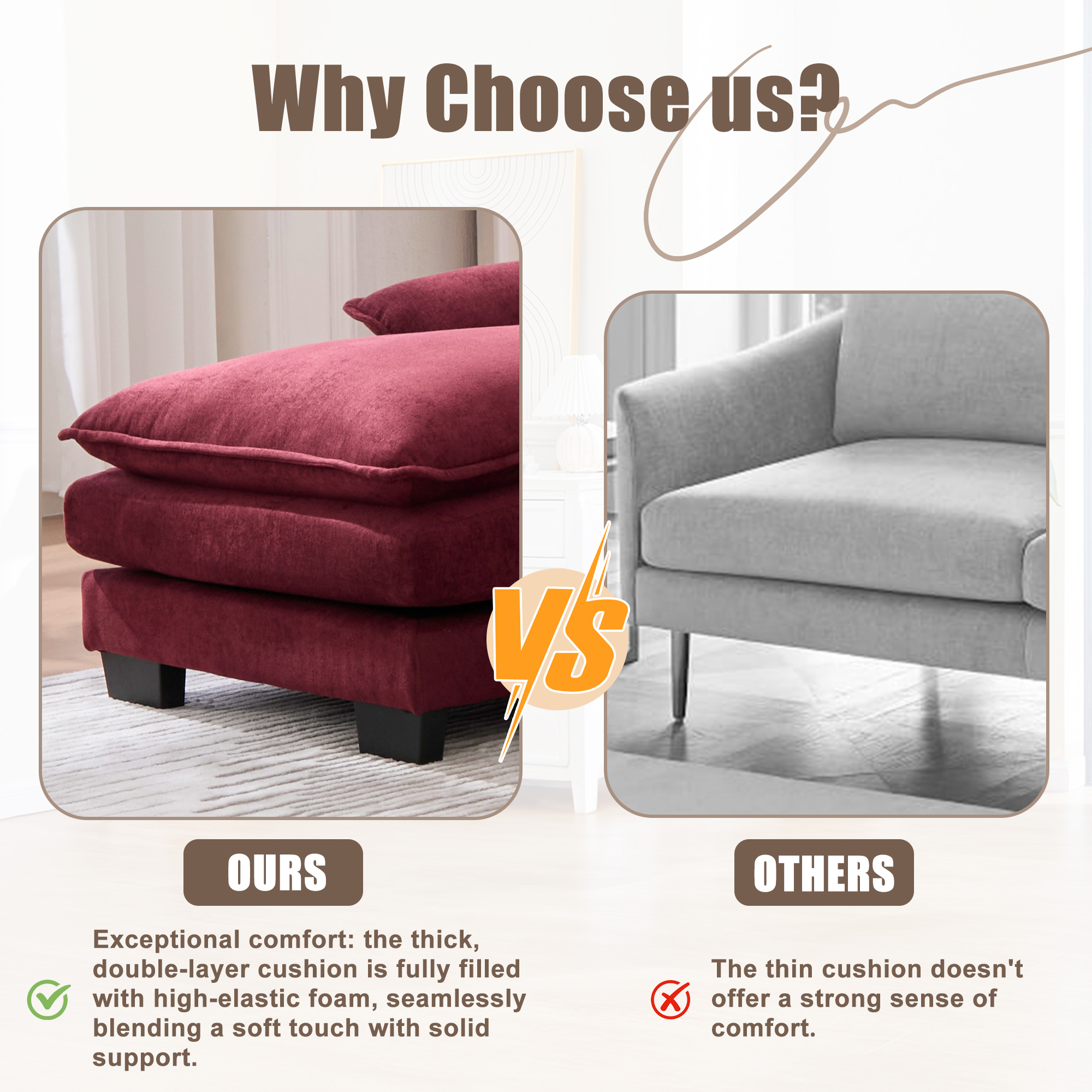 MOONMISS Chenille Upholstered U-Shaped Modular Wood Frame Sleeper Sectional Sofa with Double Chaise-Claret Red
