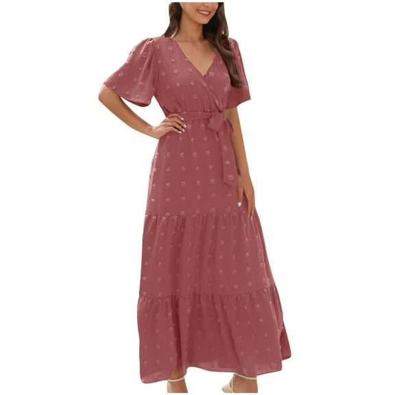 Gnshining Summer Maxi Dresses for Women Short Sleeve Ruffle Dress Solid Color Beach Dress High Waist Corset Dress V-Neck Going Out Dress