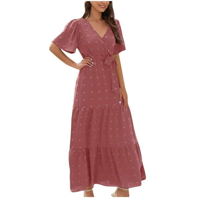 Staron Robe d'Été pour Femmes en Liquidation à Moins de 10 $ Robes de Printemps Portefeuille Col en V Manches Courtes Smockée Ceinture à Nouer Ligne A Robe Soleil à Étages Fluide Maxi Longue