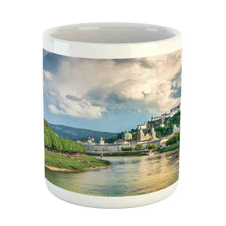 

European Mug Historic Print European of Salzburg Land with Cloudy Sky and River in Austria Ceramic Coffee Mug Cup for Water Tea Drinks Green Blue 11oz
