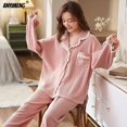 thumbnail image 1 of Ropa de dormir para parejas, cárdigan holgado de algodón con cuello vuelto, color rosa y negro, moda Homesuit, primavera, otoño e invierno, novedad, 1 of 4