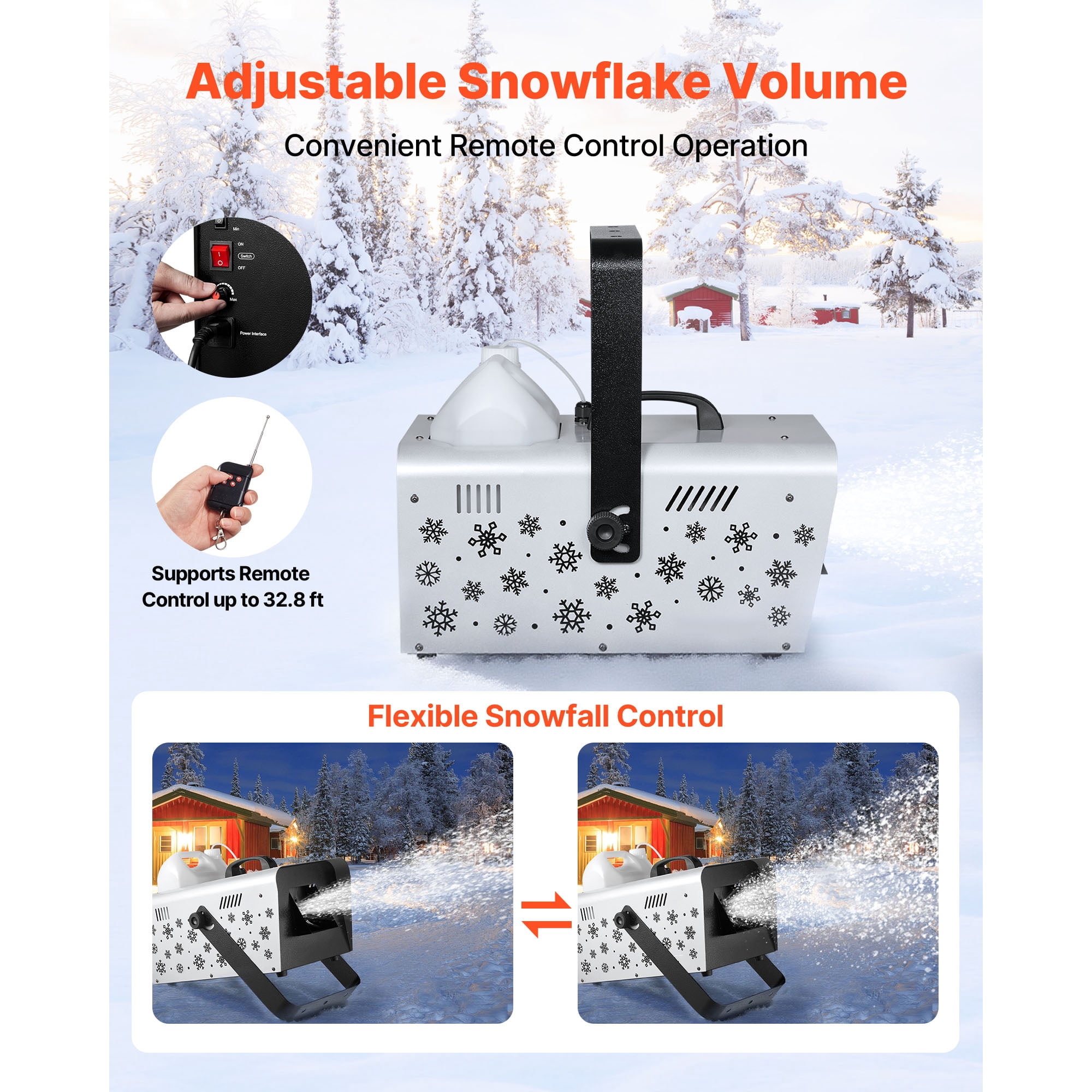 KFFKFF 1500W Snow Machine Snowmaker Machine for Events & Parties SPCC Cold‑Rolled Steel PP 5L Large Tank, 17.52x12.20x17.32 in Black