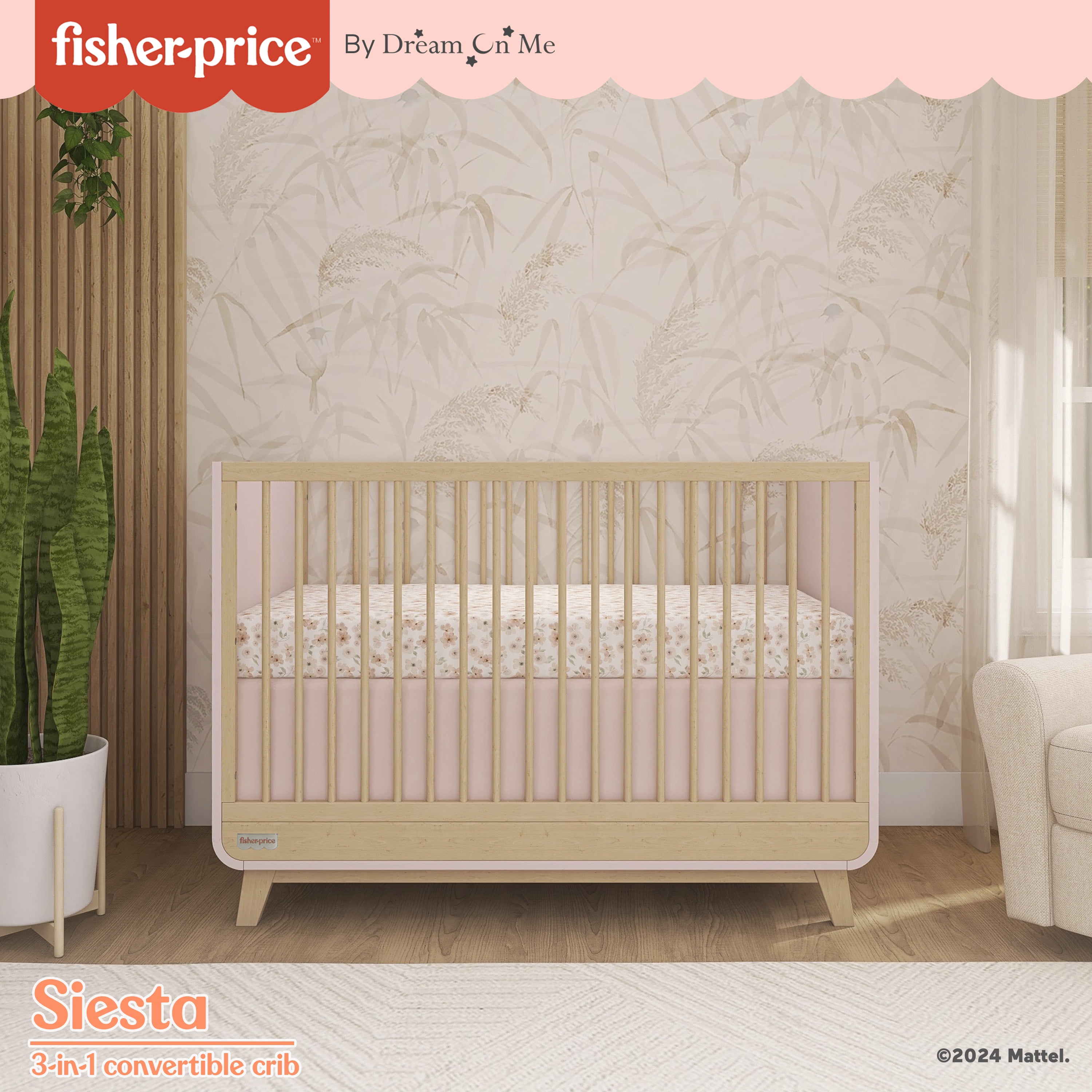 Fisher Price Siesta 3-in-1 Convertible Crib by Dream On Me, Blush Pink