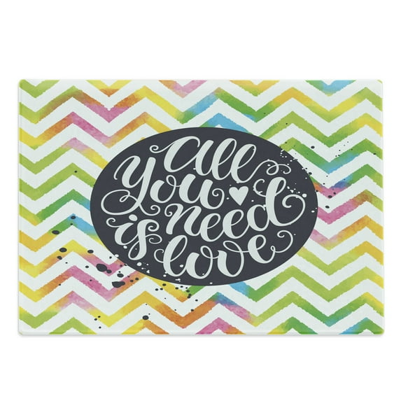 Saying Cutting Board, Cursive All You Need is Love Written in Round on Watercolor Vivid Chevron Backdrop, Decorative Tempered Glass Cutting and Serving Board, in 3 Sizes, by Ambesonne