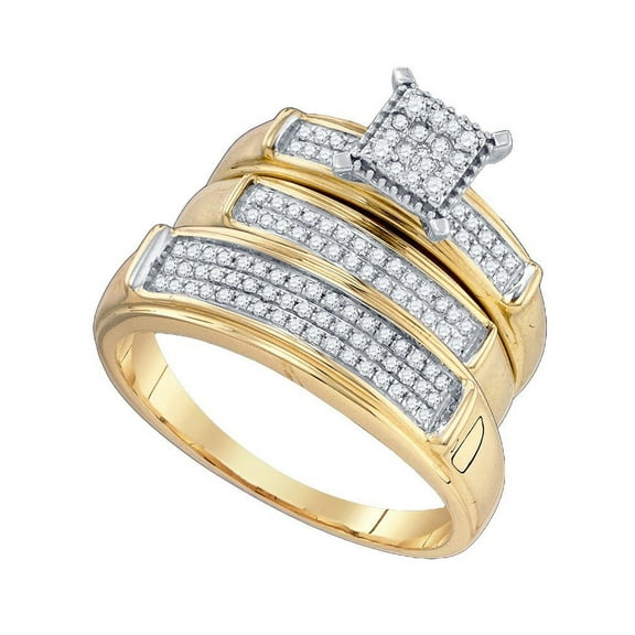 10kt Yellow Gold His & Hers Round Diamond Cluster Matching Bridal Wedding Ring Band Set 3/8 Cttw