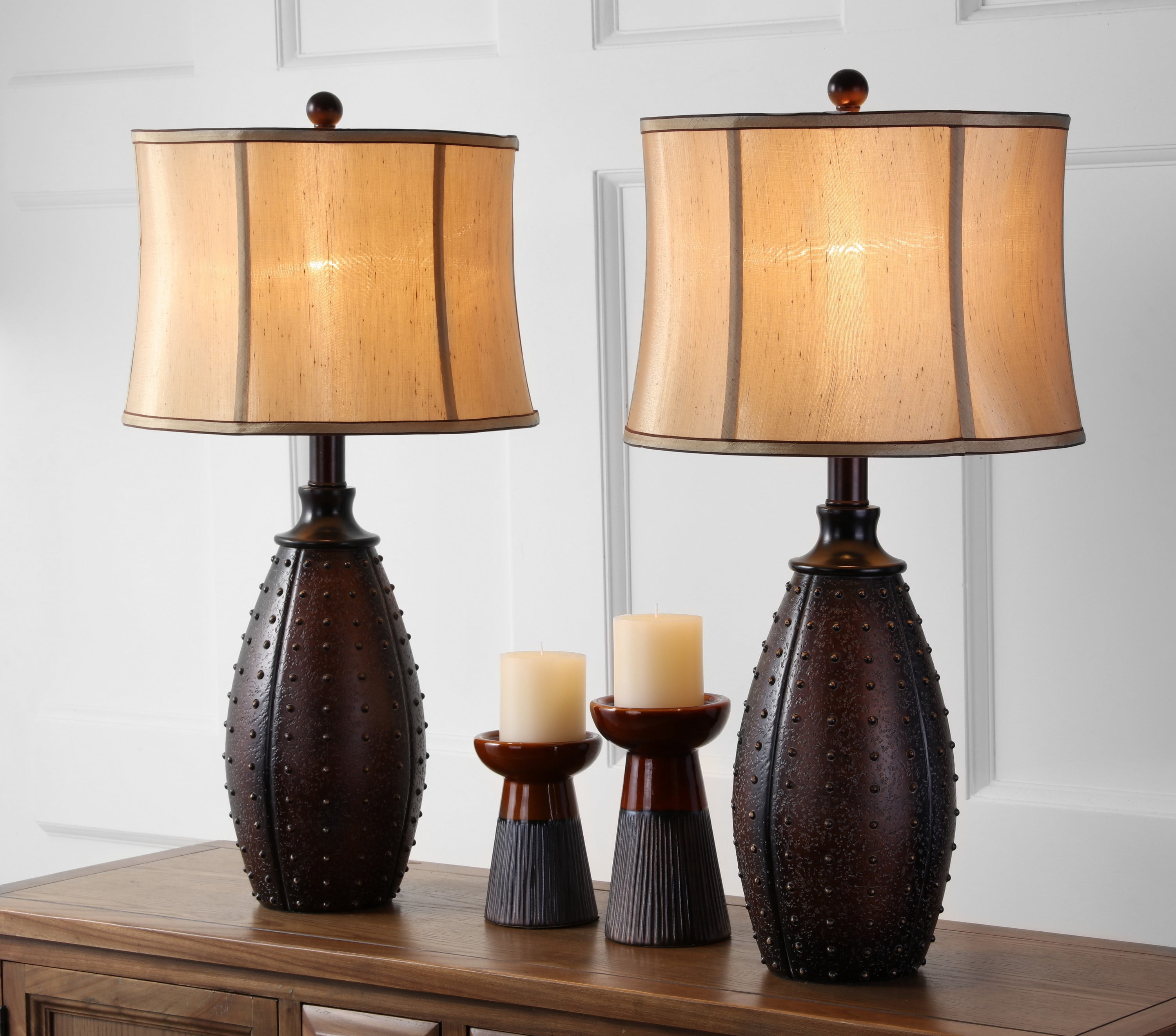 SAFAVIEH Santa 28 in. Brown Resin Table Lamp with Beige Polyester Shade, Set of 2