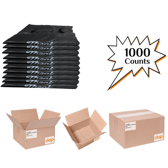 DAP HD Black Color Thank You Printed Carry Out Plastic Bags, 11.5"x6.5"x21", 1000 Counts