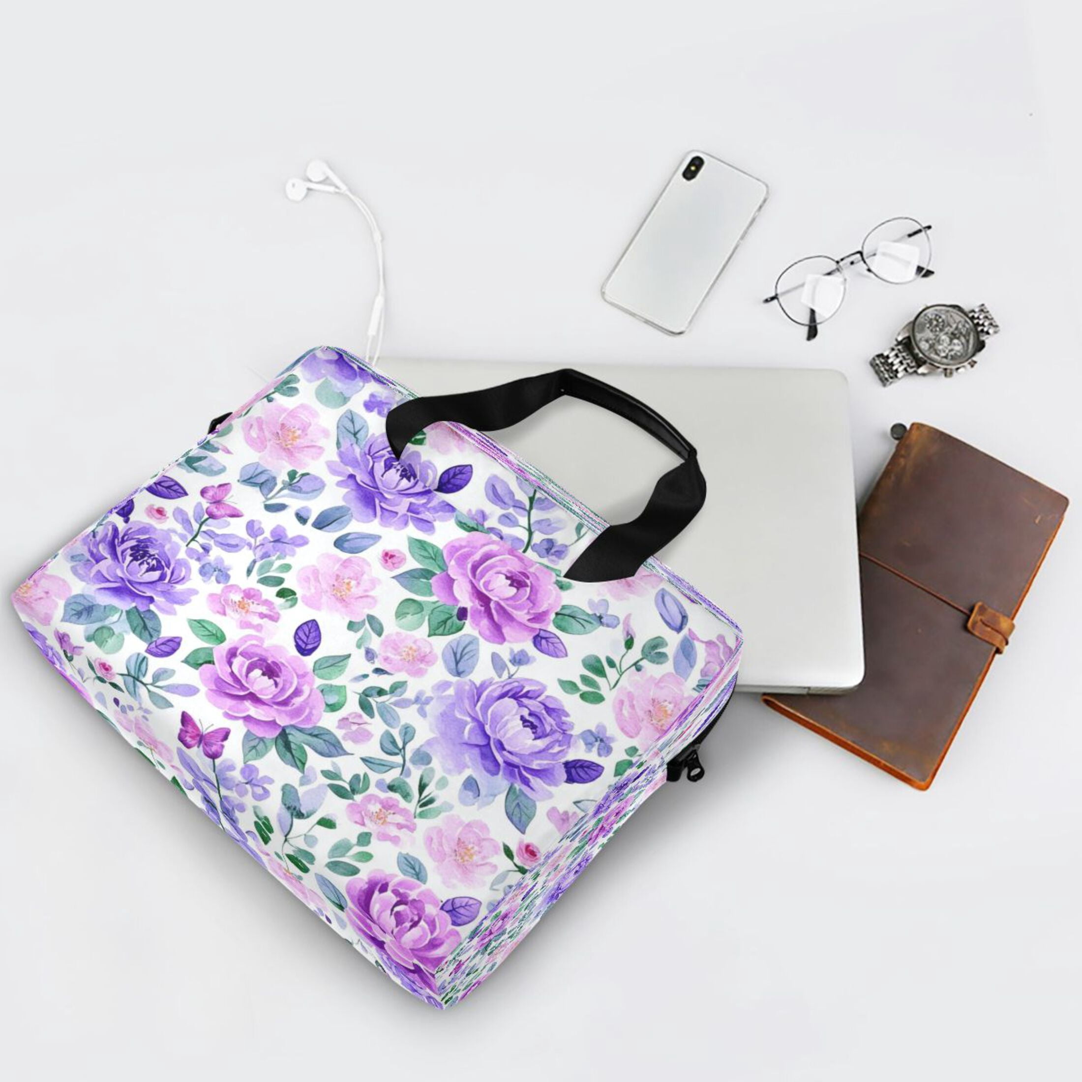 16" Laptop Tote Bag Laptop Sleeve Case Computer Briefcase for Work & Travel Watercolor Floral Pattern