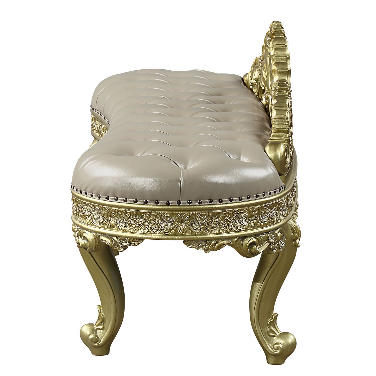 ACME Cabriole Wooden Upholstered Tufted Bench in Light Gold and Gold