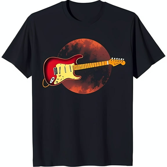 Black T-Shirt with Red Graphic and Sunset Circle Design