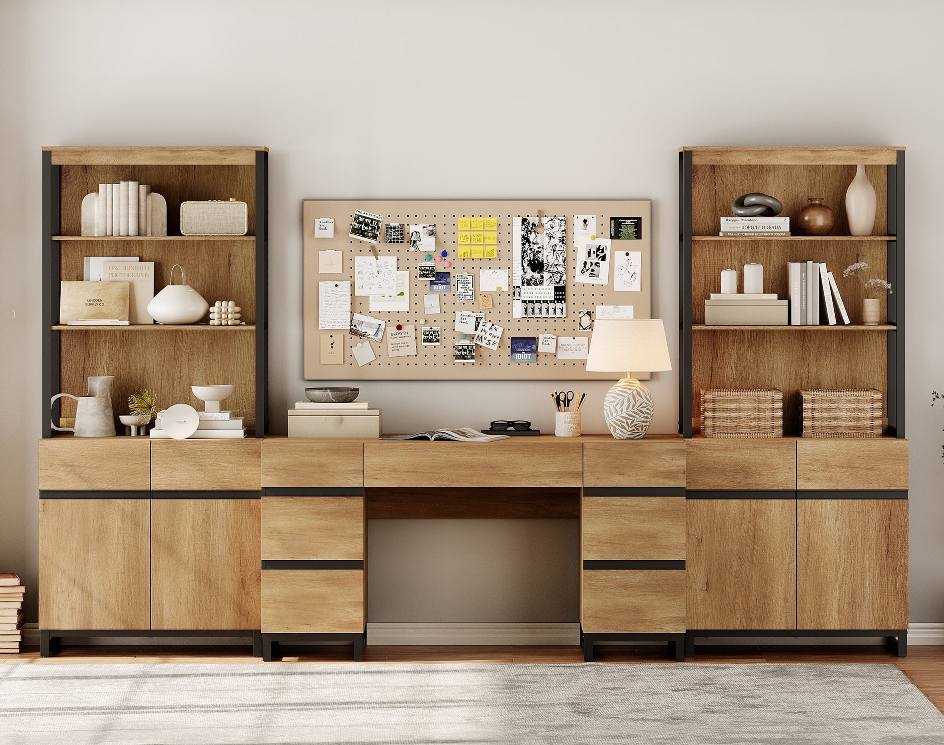 WAMPAT Home Office Furniture Set: 59in Modern Executive Desk with Charging Station & Drawers and 2 PCS 72in Tall Bookcases with Storage Cabinet, Home Office Furniture for Living Room, Oak