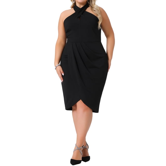 Vestidos de cóctel de talla grande para mujeres Agnes Orinda, con cuello halter, sin mangas, sin espalda, envolventes de tulipán, ajustados y con fruncidos, vestido midi de fiesta 1X negro