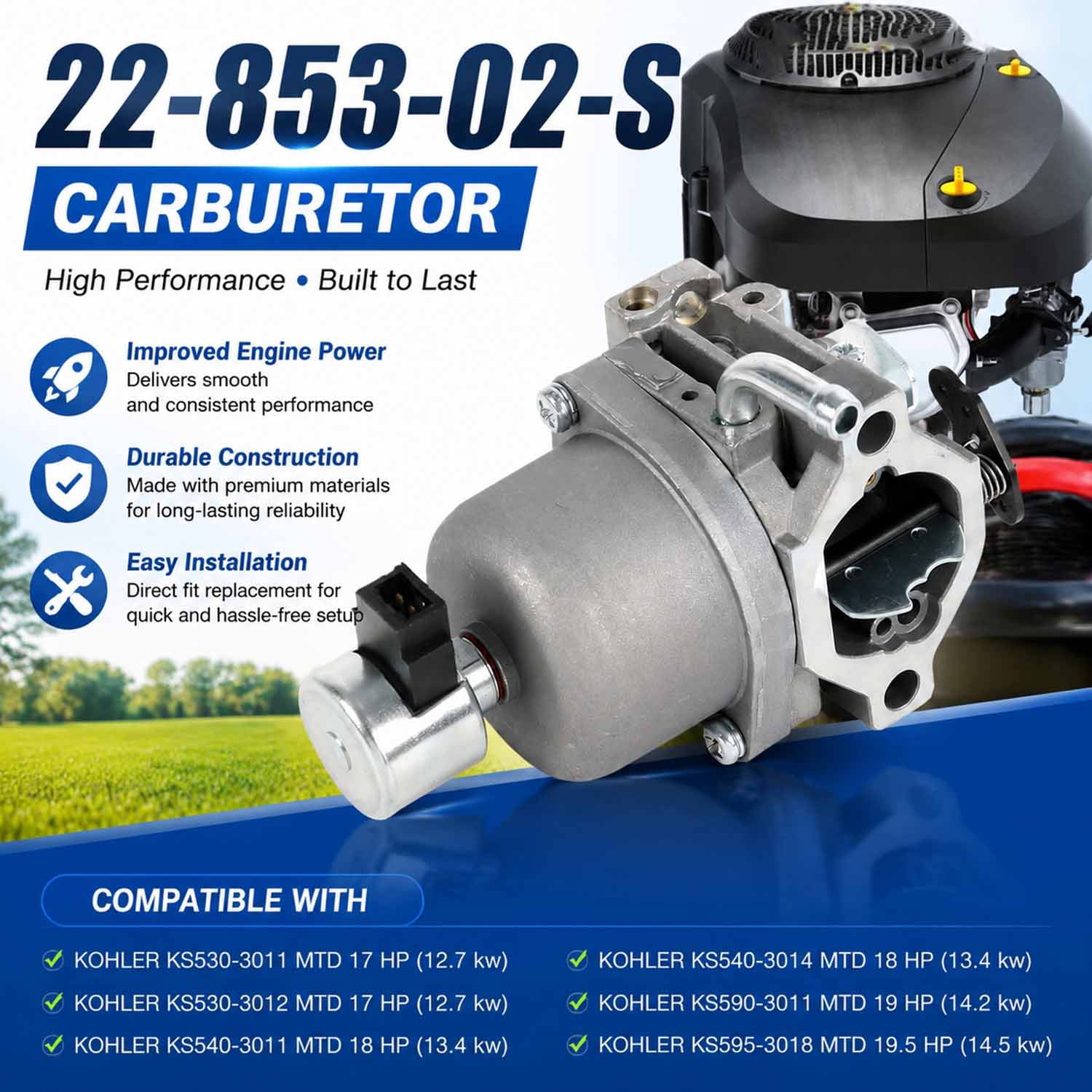 22-853-02-S Carburetor Compatible with Kohler Series Engines KS540-3011 KS530-3012 S540-3014 KS590-3011 KS595-3018,Replace Part Number KH-22-853-02-S Lawn Mower Engines Carb