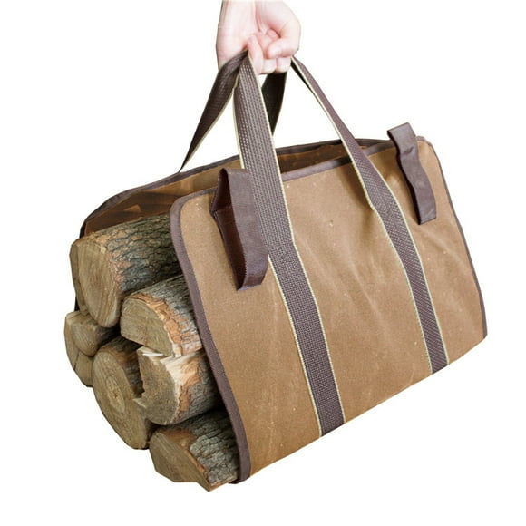 Firewood carrying bag, durable canvas waterproof washable portable fireplace tote bag with handle and strap, indoor firewood log holder-khaki