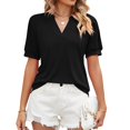 thumbnail image 1 of Camisas plisadas de manga corta abombadas para mujer, camisetas holgadas informales de Color puro a la moda con cuello en V de manga corta para mujer, color negro XXL, 1 of 7