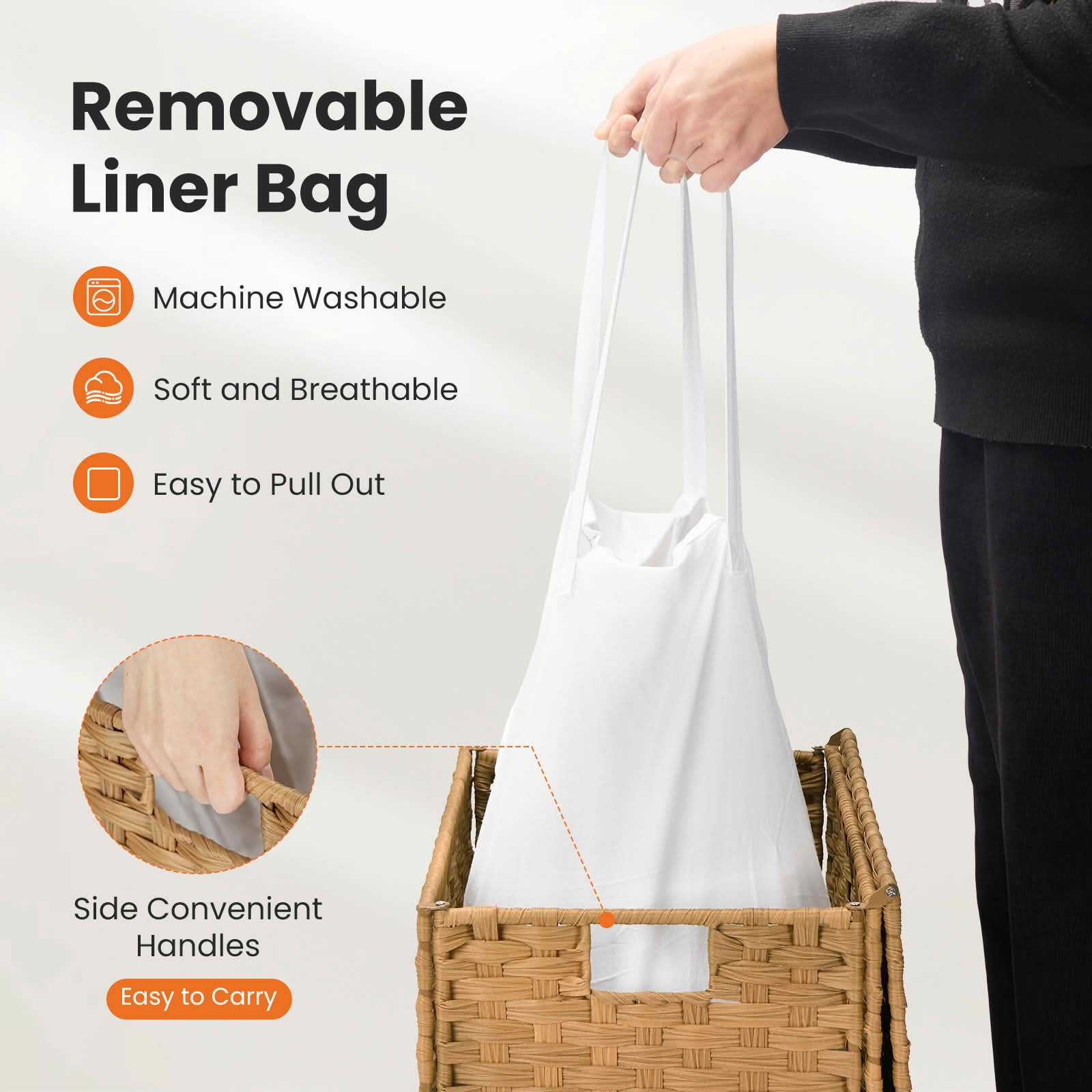 MAYEERTY 110L Hand-Woven PP Rattan Laundry Basket with Lid, Foldable with Compartments Handles