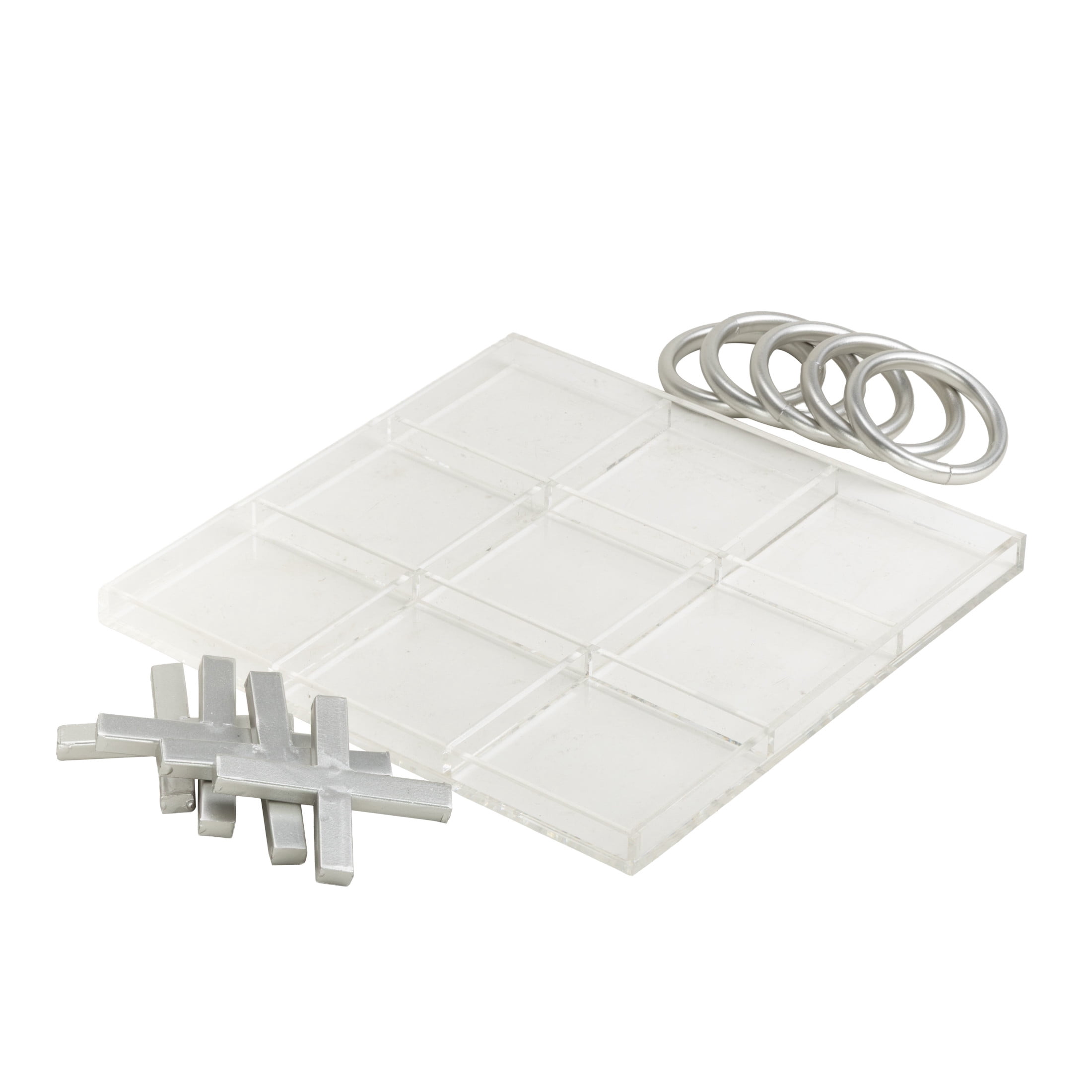 DecMode 12" x 1" Silver Metal Tic Tac Toe Game Set with Clear Acrylic Plastic Board, 1-Piece