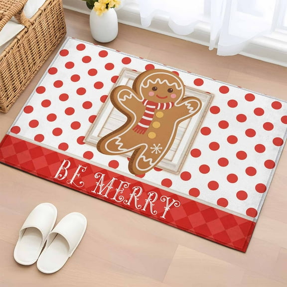 Merry Christmas Bathroom Rug Washable 2x3 Entryway Rug Non Slip Xmas Gingerbread Red Polka Dots Winter Front Door Mat Low Pile Indoor Doormat Throw Floor Carpet for Kitchen Bedroom Entrance