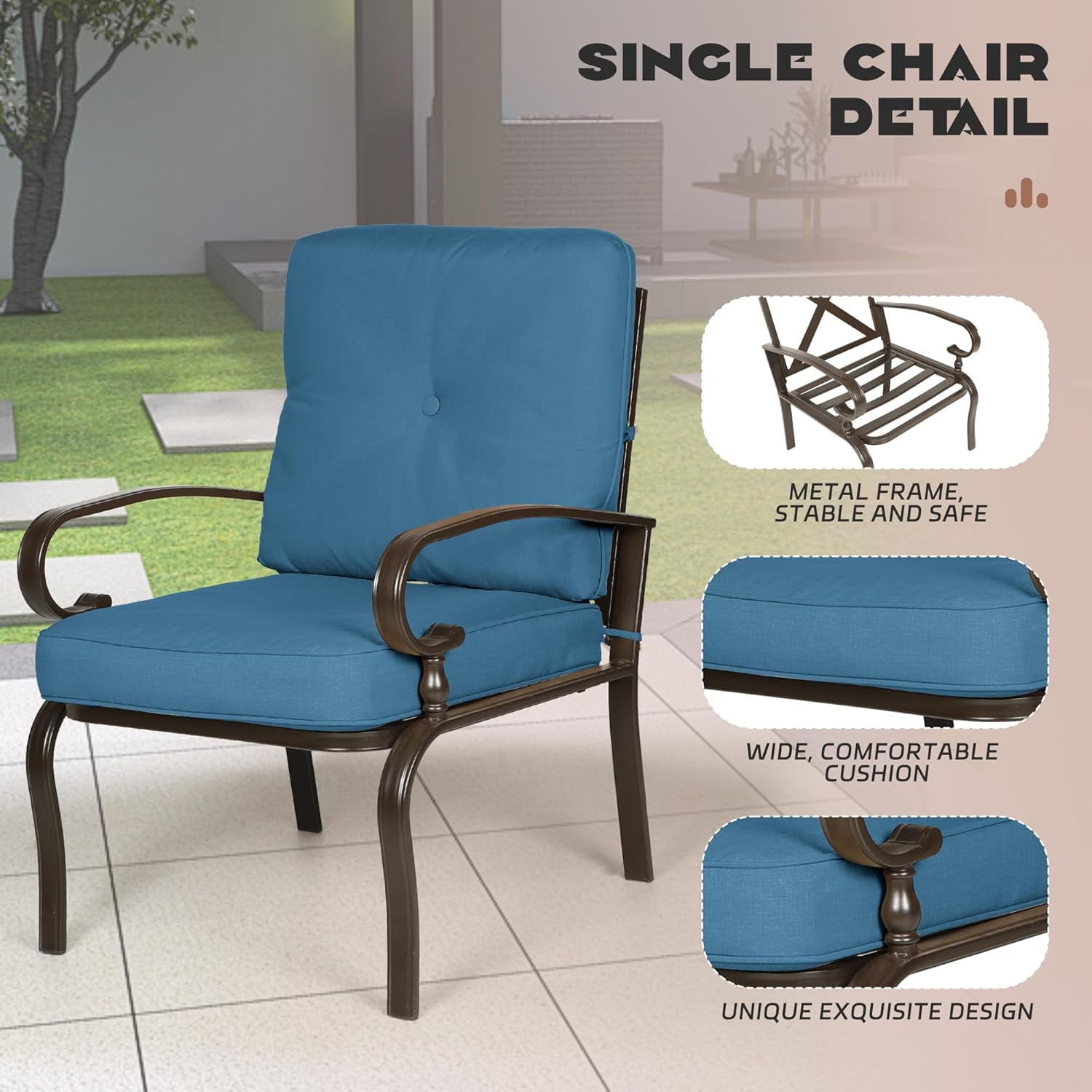 SOLAURA 4-Piece Outdoor Furniture Patio Metal Conversation Set with Peacock Blue Cushions