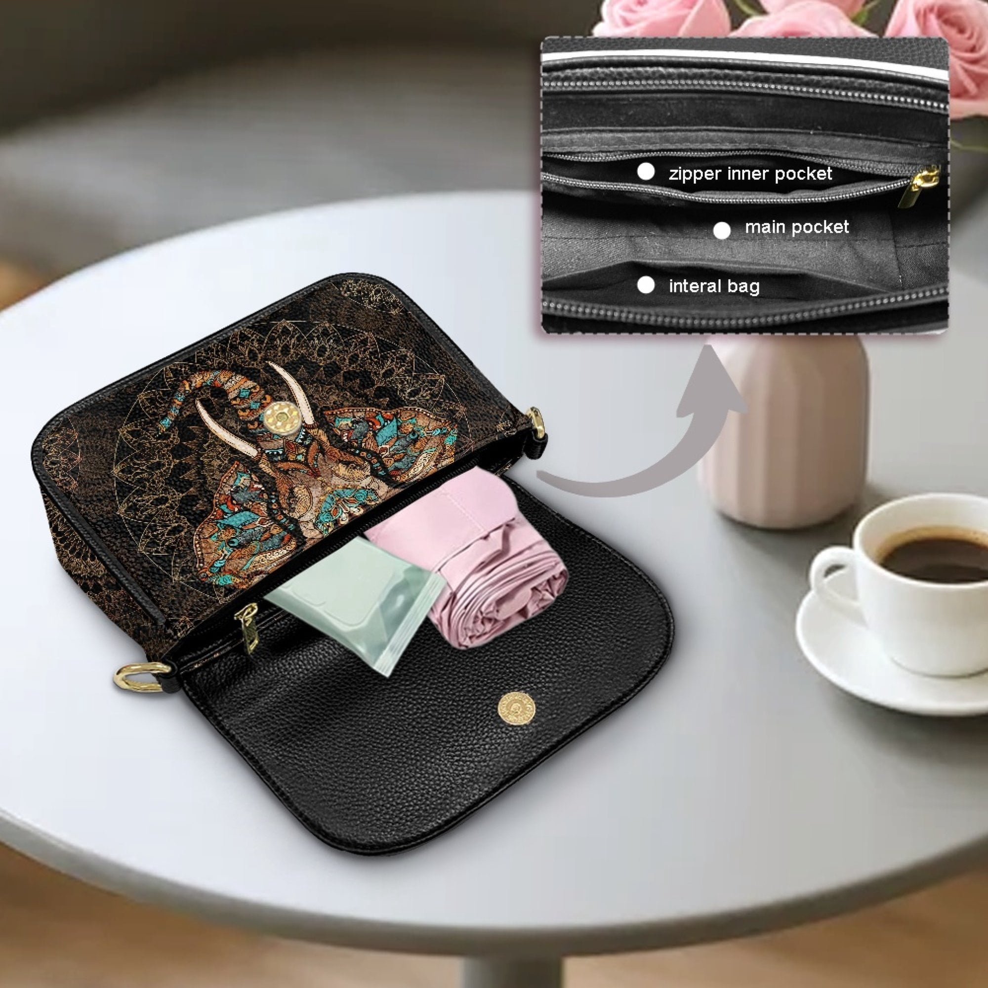 ZUXONGSY Aztec Tribe Elephant Print Shoulder Bag for Women PU Leather Crossbody Purse Trendy Satchel with Adjustable Wide Strap for Travel Shopping